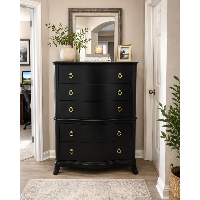 Stunning vintage highboy, fully refinished in satin black with brushed gold ring pulls. Serpentine front and scalloped...