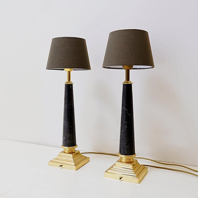 Brass Table Lamps with Black Marble Column, Set of 2 For Sale - Image 3 of 11
