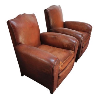 Pair of French Deco Leather 'Mustache' Club Chairs For Sale