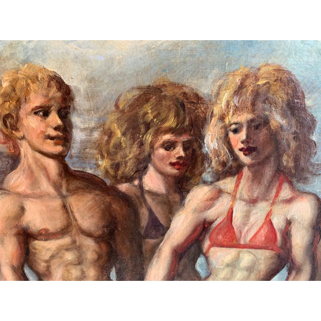 Sand Mid-Century Pop Art Oil Painting Bodybuilders on Beach For Sale - Image 8 of 11