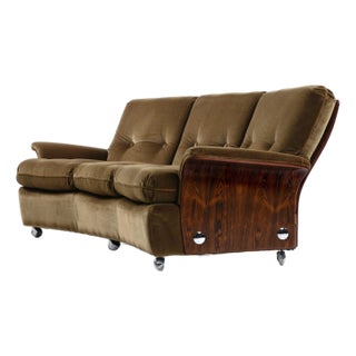 1970s Scandinavian Style Rosewood Sofa Updated Taupe Fabric on Casters For Sale