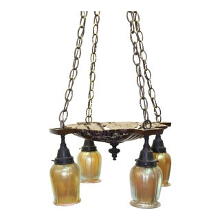 Tiffany Style Bronze and Gold Art Glass Chains Chandelier For Sale