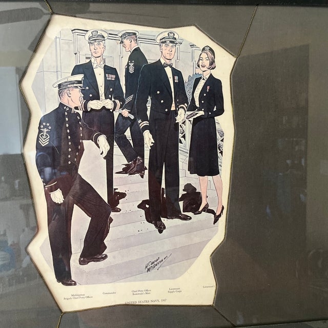 This is a custom framed vintage print behind glass. "U.S. Navy Evening and Dinner Dress Blue Uniform 1967" by Hugh Charles...
