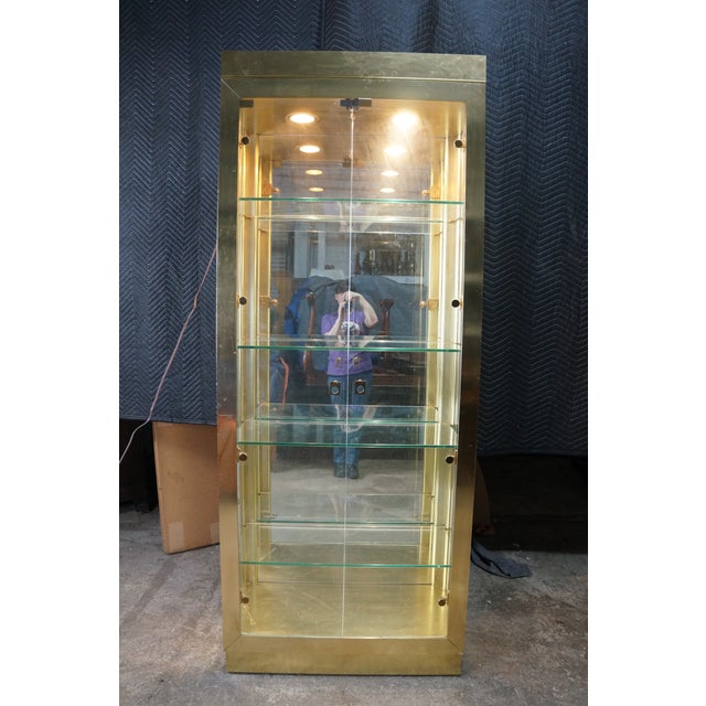 Vintage Hollywood Regency Brass & Glass Curio Display Cabinet Vitrine MCM 80" For Sale - Image 17 of 18