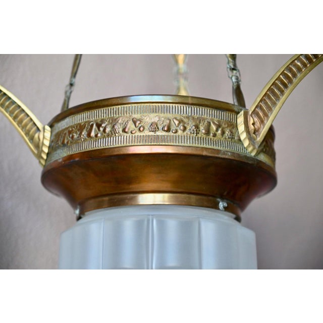 Art Deco Brass and Frosted Pressed Glass Chandelier, 1920s For Sale - Image 15 of 18