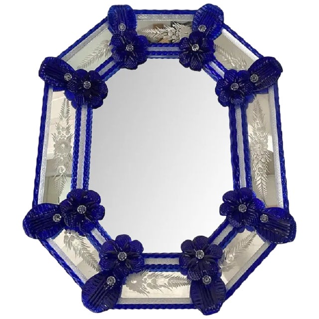 Venetian Octagonal Blue Floreal Hand-Carving Mirror by Simoeng For Sale