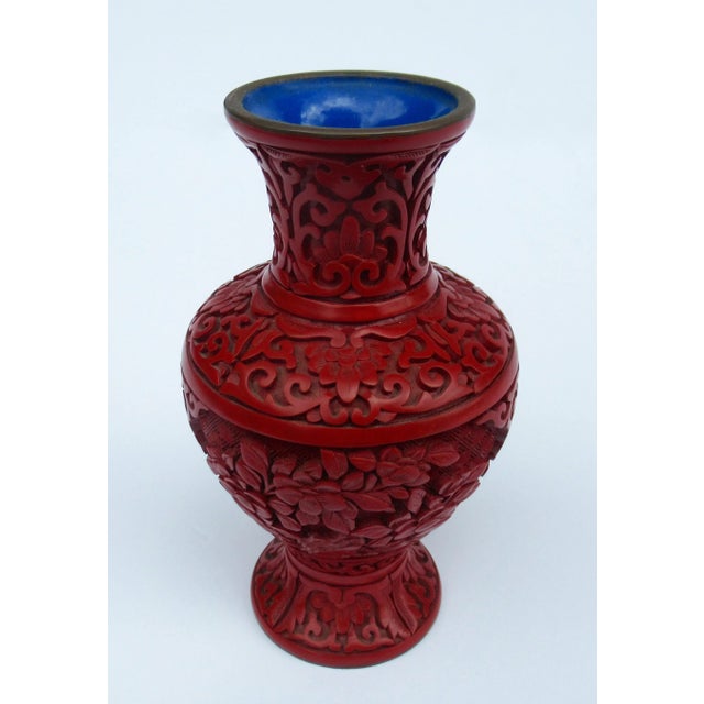 1950s Vintage C.1950's Chinese Asian Carved Cinnabar With Interior Blue Enamel Vase For Sale - Image 5 of 13