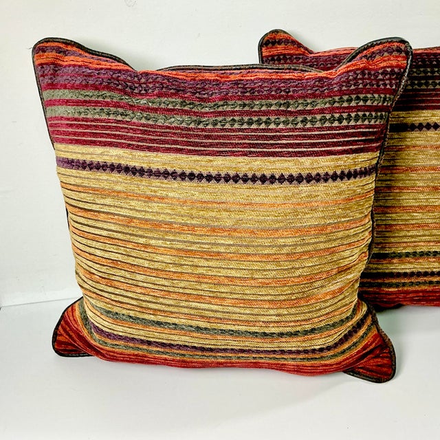 Mustard 1980s Vintage Boho Chic Southwestern Ralph Lauren Jewel Tone Cut Striped Chenille Decorative Pillows - A Pair For Sale - Image 8 of 13