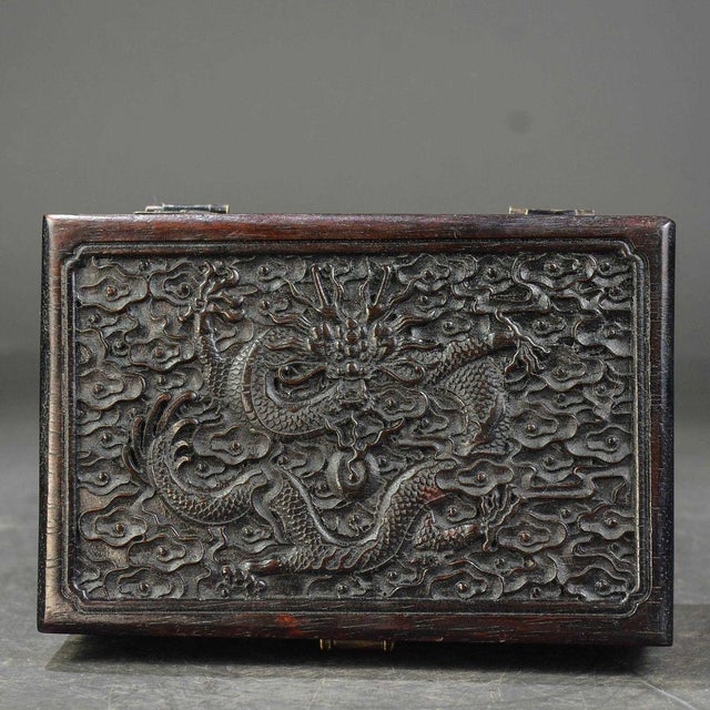 Vintage Carved Wood Jewelry Box With Dragon Motif & Brass Hardware For Sale - Image 4 of 6