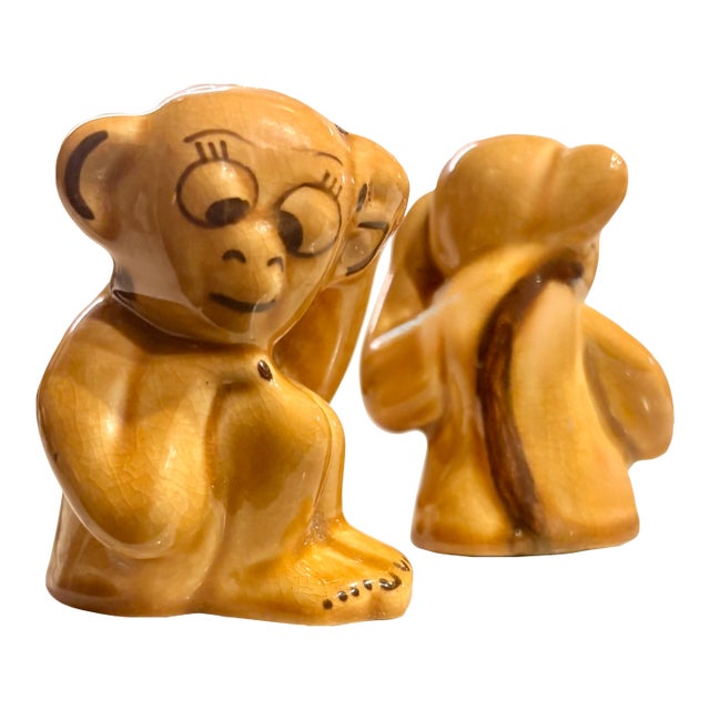 Mid 20th Century Trompe-L’Oeil Ceramic Cheeky Monkey Salt and Pepper Shakers For Sale