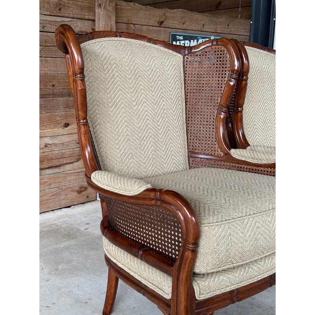 Pair Ethan Allen Faux Bamboo Cane Wingback Chairs Chairish