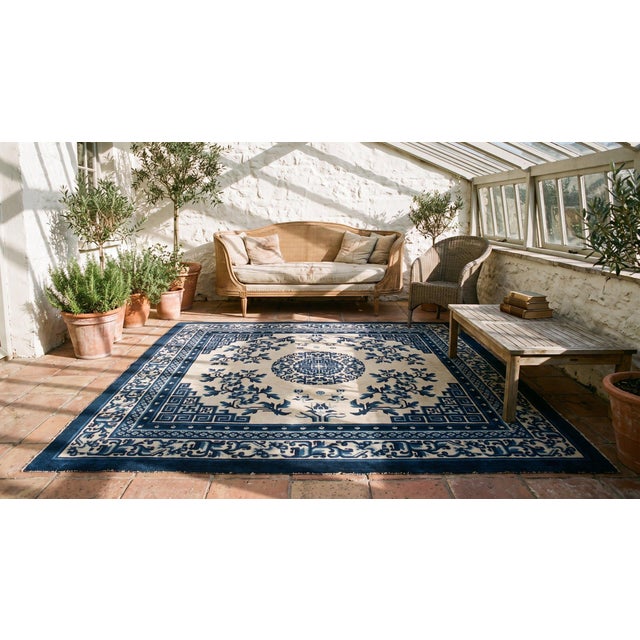 Ivory Sensational Floral-Medallion on a Ivory Background and Blue Border Antique Chinese Ningxia Rug For Sale - Image 8 of 10