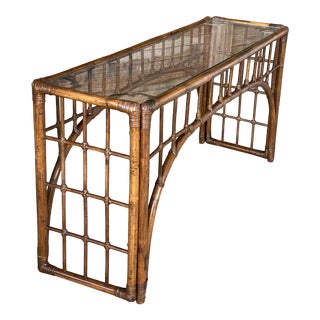 Vintage Coastal Rattan and Brass Fretwork Console For Sale