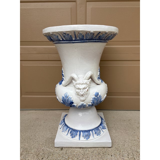 Monumental Blue & White Majolica Grecian Urn With Jupiter Ammon Motifs For Sale - Image 11 of 17