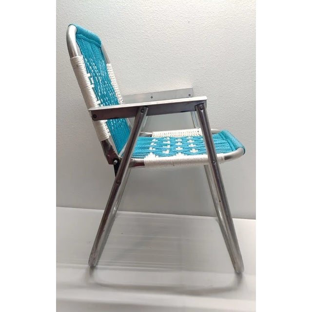 1980s Vintage Macrame Woven Seat Aluminum Folding Lawn Chair For Sale - Image 5 of 10