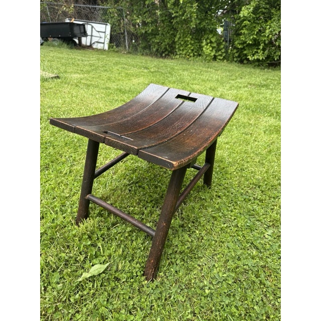 Wood Mid-Century Arts & Crafts Solid Oak Wood Bench Stool Curved Seat Rustic For Sale - Image 7 of 17