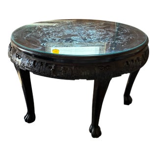1970s Black Laquer Wood Round Chinoiserie Dining Table For Sale