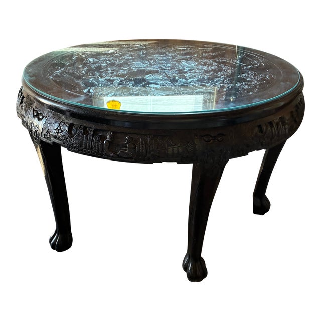 1970s Black Laquer Wood Round Chinoiserie Dining Table For Sale