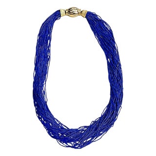 Certified Vintage Lapis Lazuli Multi Strand Necklace 14 Kt Yellow Gold Clasp For Sale