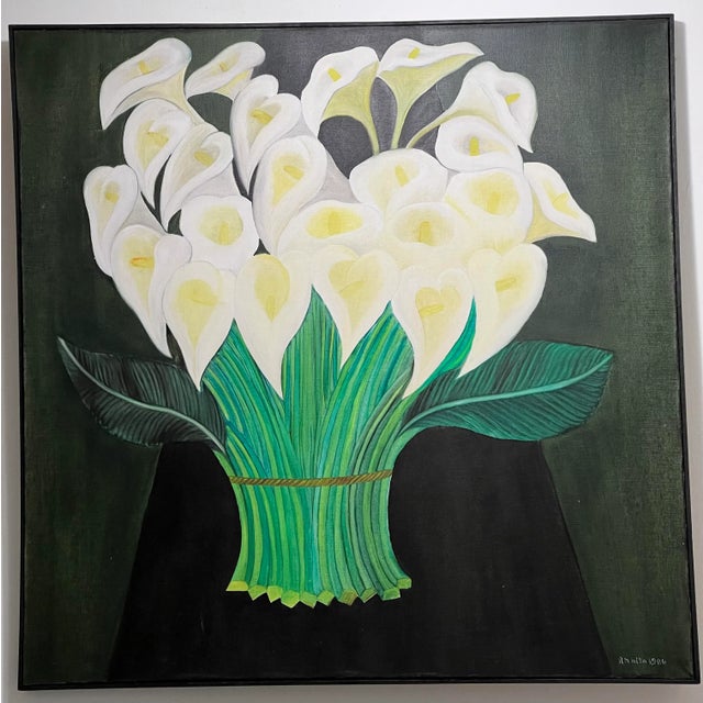 Mexican Signed Anita Mexico Calilily Floral Oil Painting. C1980 For Sale - Image 3 of 12
