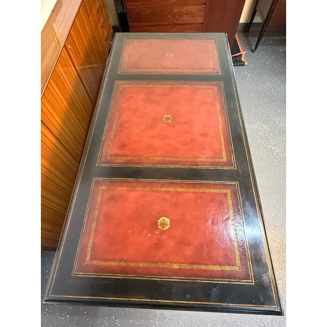 1990s 1990s Lillian August for Hickory White Ebonized Leather Top Desk With Pull-Out Slides For Sale - Image 5 of 12