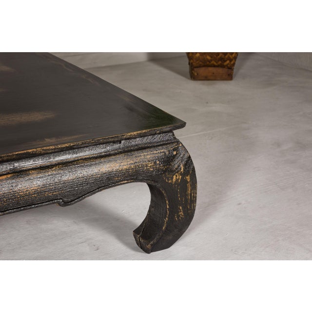 Brown Chow Leg Low Kang Coffee Table with Distressed Black Finish, Midcentury For Sale - Image 8 of 12