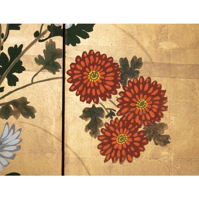 "Chrysanthemums and Quail" by Setsuga, 1980s Japanese Byobu Screen For Sale - Image 10 of 18