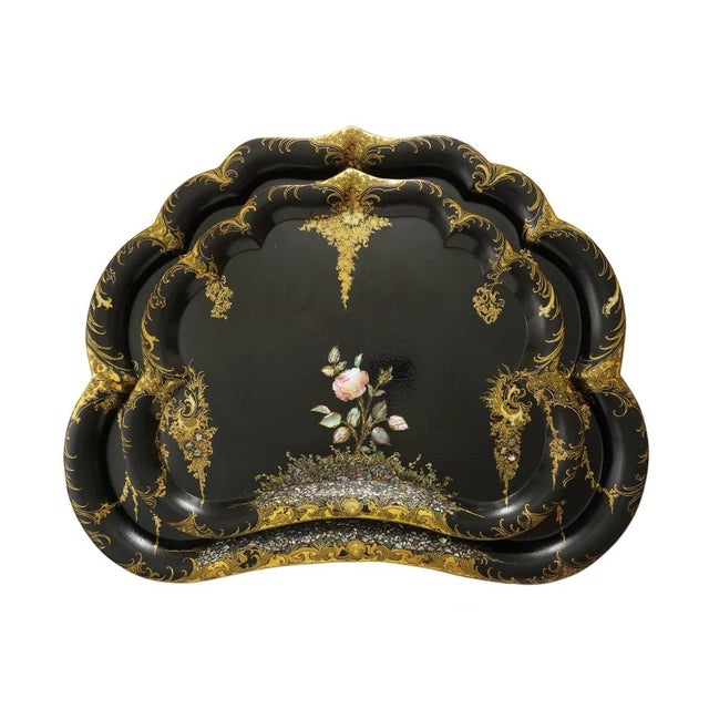 English Antique Papier Mache Tray Mother of Pearl Wisteria Parlor Maid Tray 24.5" For Sale - Image 9 of 9