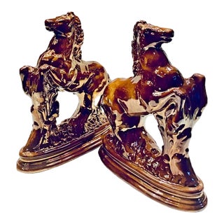 Antique Staffordshire Copper Luster Rearing Stallion Mantle Figurines, Circa 1910 For Sale