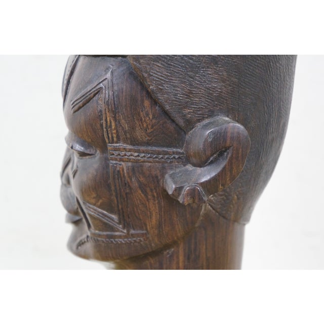 Black Vintage African Folk Art Carved Blackwood Tribal Warrior Head Bust Sculpture 18" For Sale - Image 8 of 14