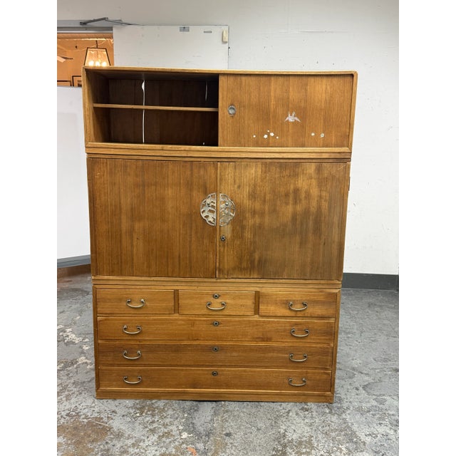 Japanese Kiri Wood Tansu With Mother of Pearl Inlaid Art Work For Sale - Image 4 of 12