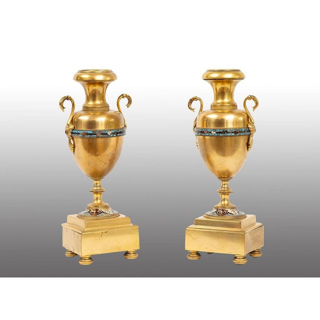 Antique 19th Century Amphora-Shaped Vases in Gilded Bronze with Cloisonné Inlays, France, Set of 2 For Sale - Image 4 of 4