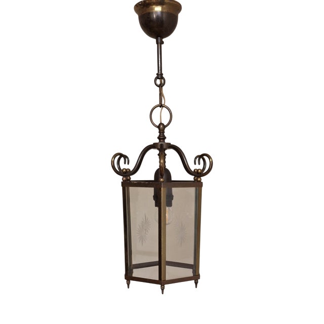 Vintage Ceiling Lamp in the Shape of Lantern with Filigree Brass Frame and Polished Discs, 1970s For Sale