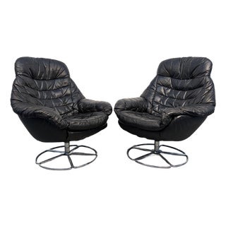 Pair of Vintage Black Leather Swivel Chairs For Sale
