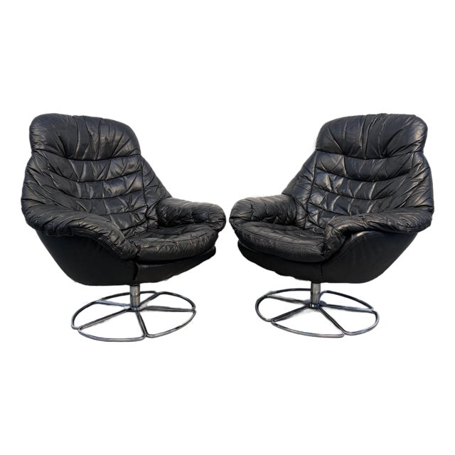 Pair of Vintage Black Leather Swivel Chairs For Sale