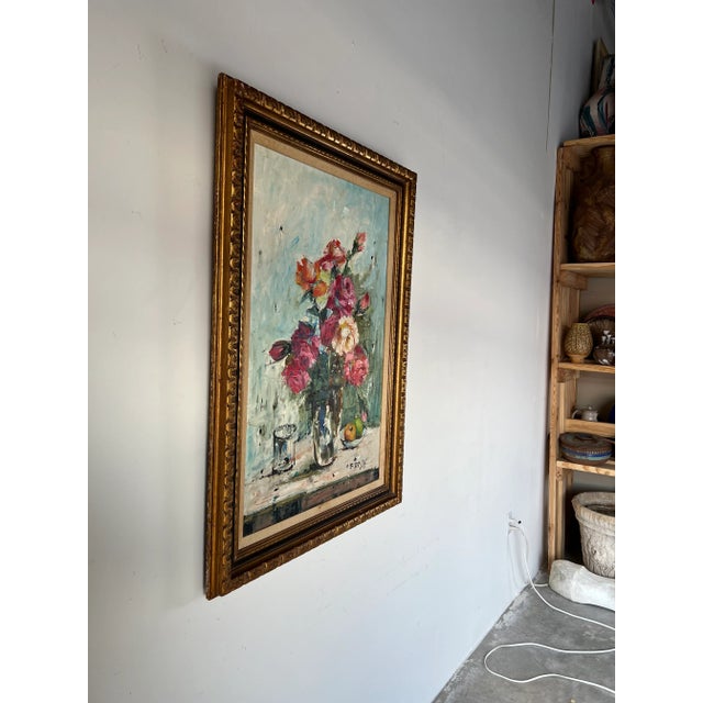 Vintage Impressionist oil painting on canvas depicting a still life scene of a vase with flowers on a table with two...