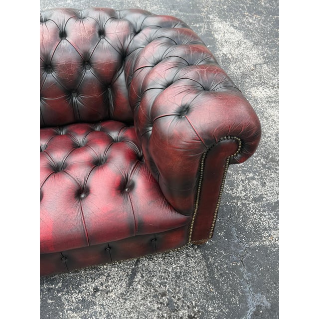 Pair of English Chesterfield Sofas in Burnished Burgundy Leather, Circa 1950s For Sale - Image 4 of 13