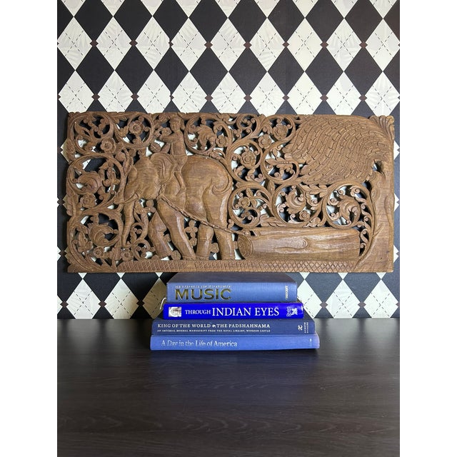 Hand-Carved Thai Teak Elephant & Rider Wall Panel With Floral Openwork, Large 36" For Sale - Image 4 of 13