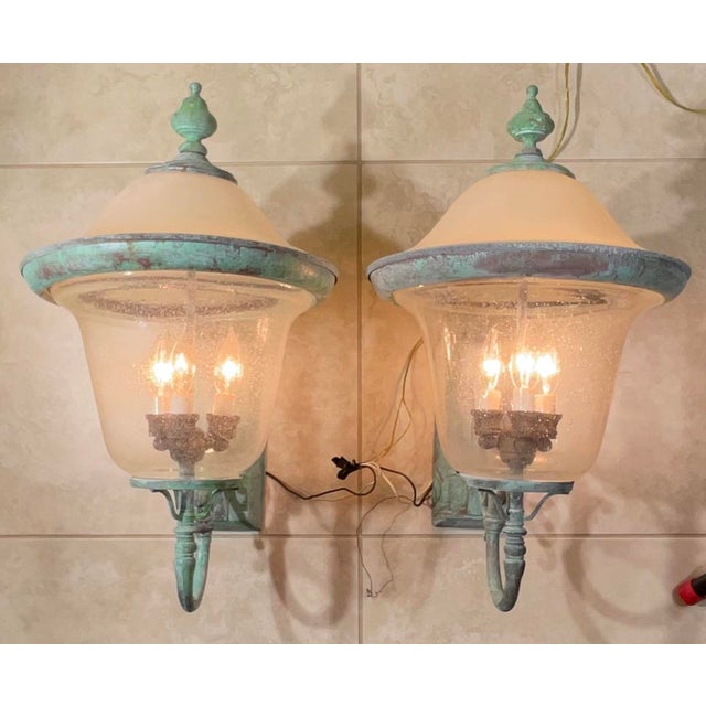 Pair of Vintage Solid Brass Outdoor Sconces - Large Verdigris Patina Lanterns For Sale - Image 12 of 16