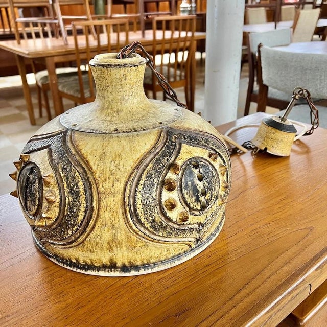 Rare vintage mid-century Danish modern handmade ceramic brutalist pendant lamp designed by Jette Hellerøe for Axella...