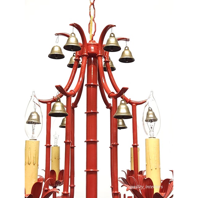 Fabulous Italian Tole Vintage Red Faux Bamboo Pagoda With Brass Bells Chandelier ~ Rewired ~ Restored ~ Rejuvenated For Sale - Image 9 of 12
