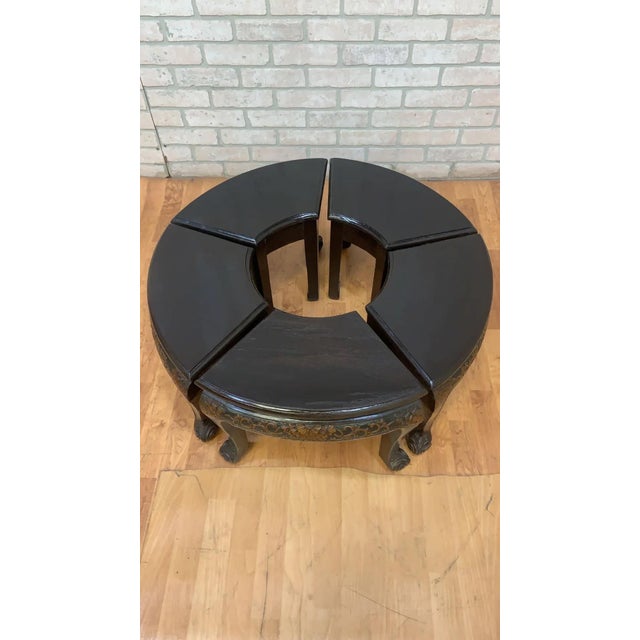 Vintage Asian Carved Ornate Tea/Coffee Table With 5 Nesting Stools For Sale - Image 4 of 10