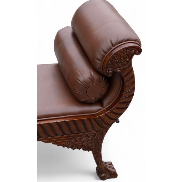 1980s 20th-C. Empire Regency Style Carvec Mahogany and Leather Bench Ottoman For Sale - Image 5 of 8