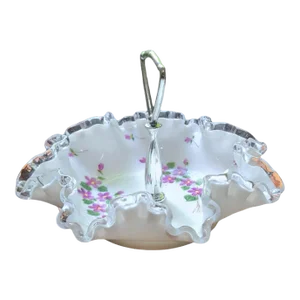 Vintage Fenton Ruffled Milk Glass Hand Painted Violets Candy Dish