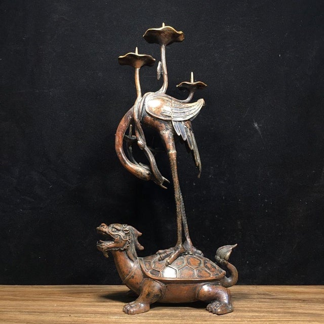 Late 19th Century Pair of Vintage Bronze Turtle Dragon and Crane Candle Holders For Sale - Image 5 of 9