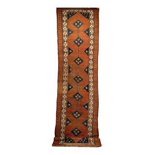 19th Century Persian Kurdish Runner Rug, Hand-Knotted Wool, Geometric Medallion Pattern, Terracotta & Navy, 3x12 For Sale