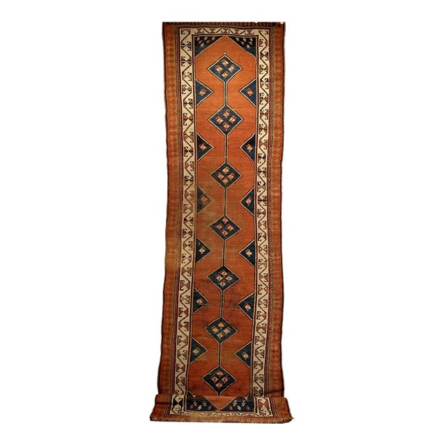 19th Century Persian Kurdish Runner Rug, Hand-Knotted Wool, Geometric Medallion Pattern, Terracotta & Navy, 3x12 For Sale