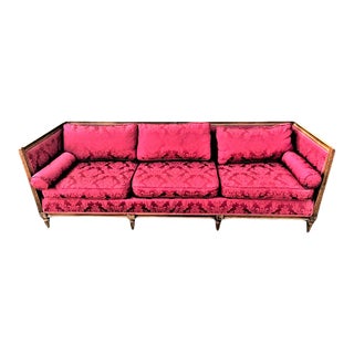 Antique Large 92" Tuxedo Style Sofa With Red and Rose Jacquard Upholstery - Late 19th Century For Sale