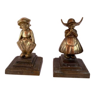 Antique Frankart Brass Dutch Boy & Girl Bookends - a Pair For Sale