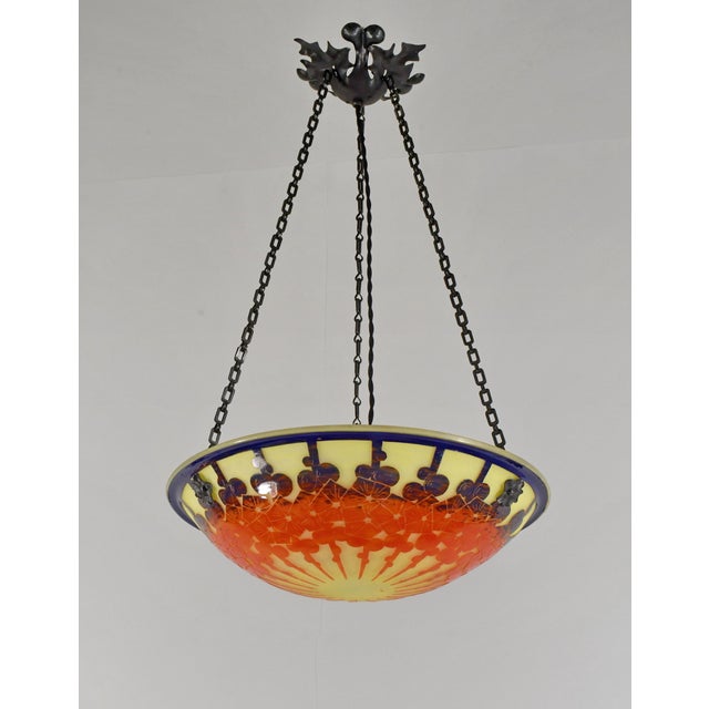 French Art Deco Pendant Light by Le Verre Francais Schneider - 1925 Cameo Chandelier France For Sale - Image 6 of 13
